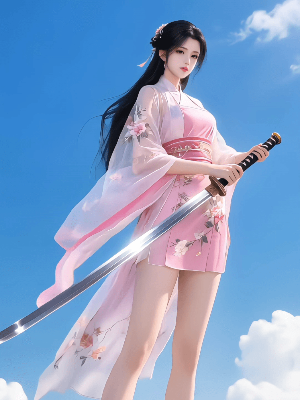 GPT Image 2 Hanfu Sword Girl Wallpaper: Pink Sky Chinese Anime