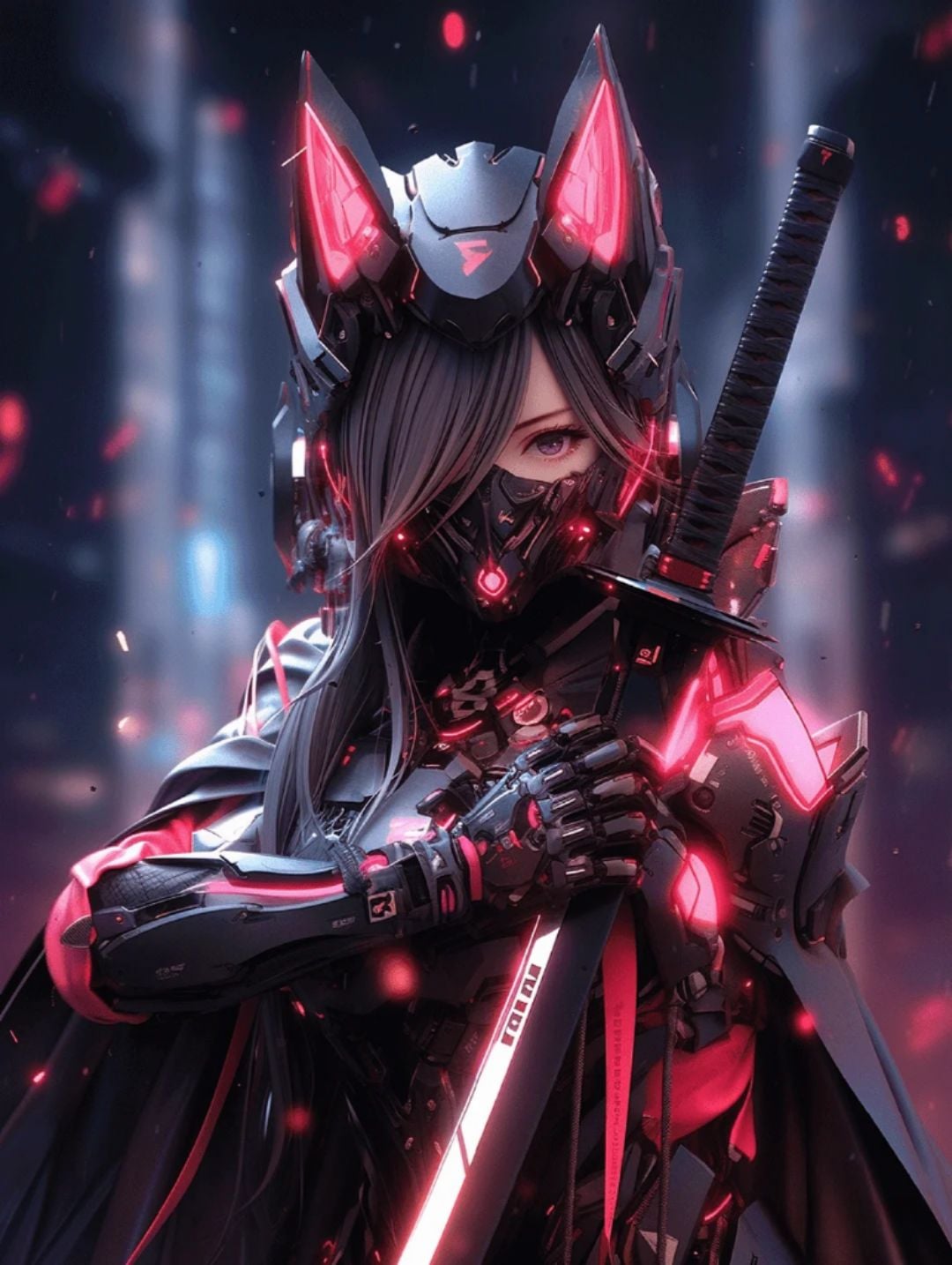 GPT Image 2 Cyberpunk Anime Girl Wallpaper: Fox-Mask Katana Warrior wallpaper