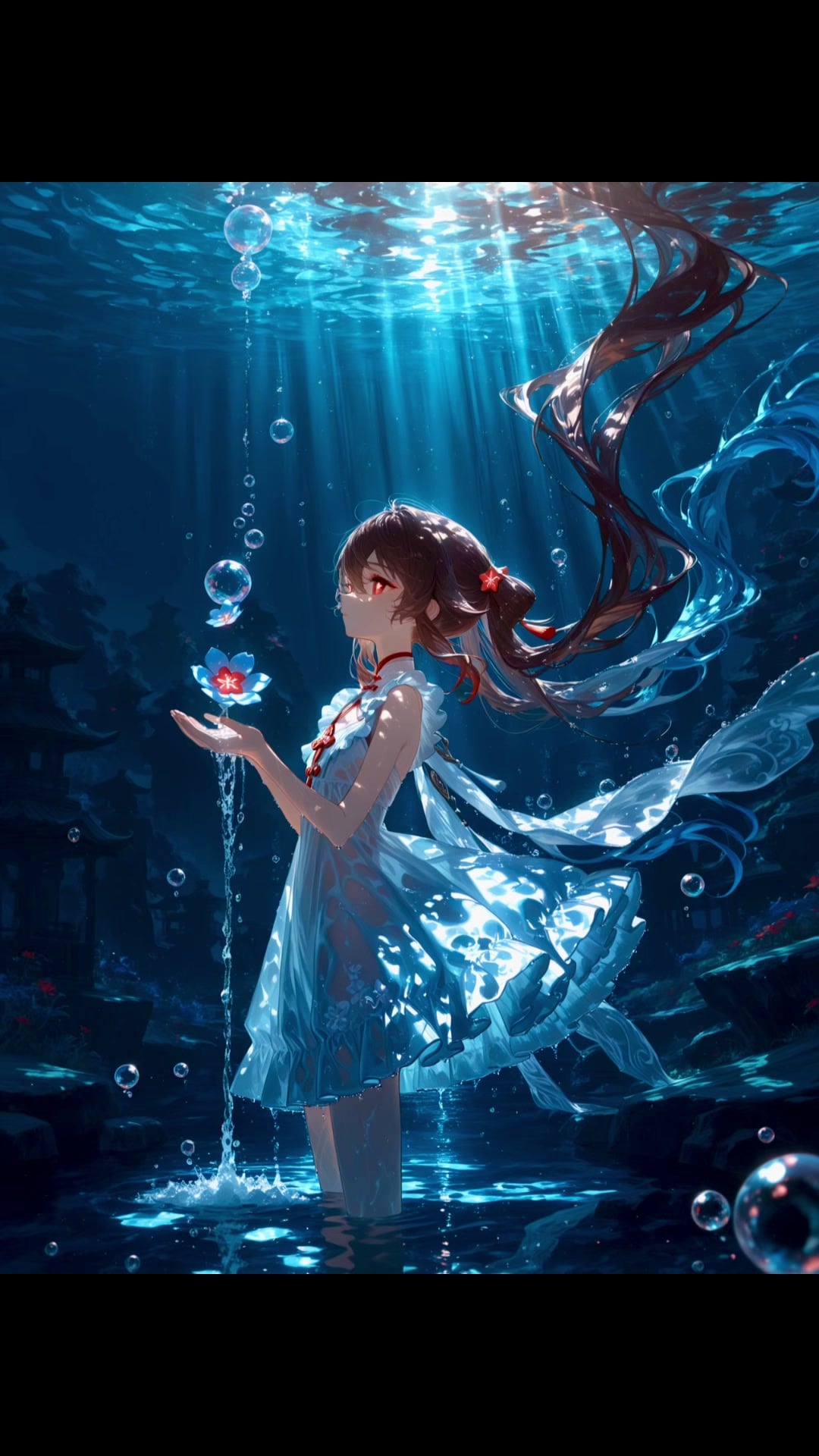 GPT Image 2 Underwater Anime Wallpaper: Sunbeam Girl with Lotus