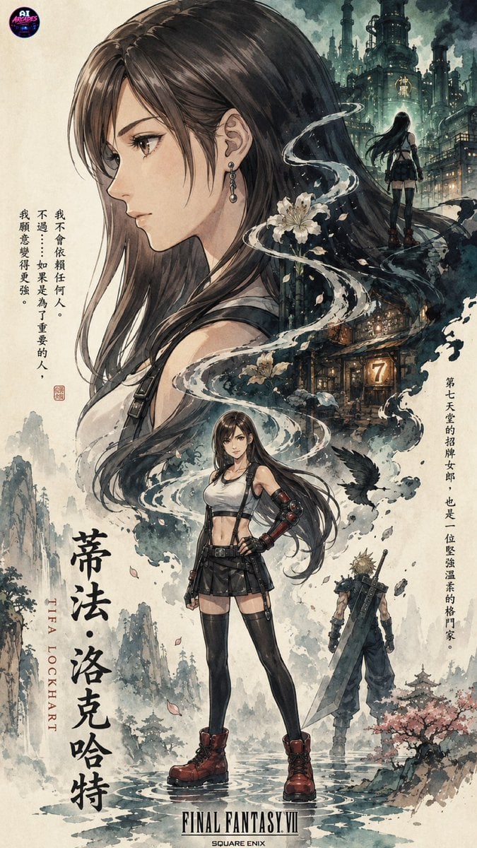 GPT Image 2 Tifa Japanese Wall Art Wallpaper — Game AI wallpaper