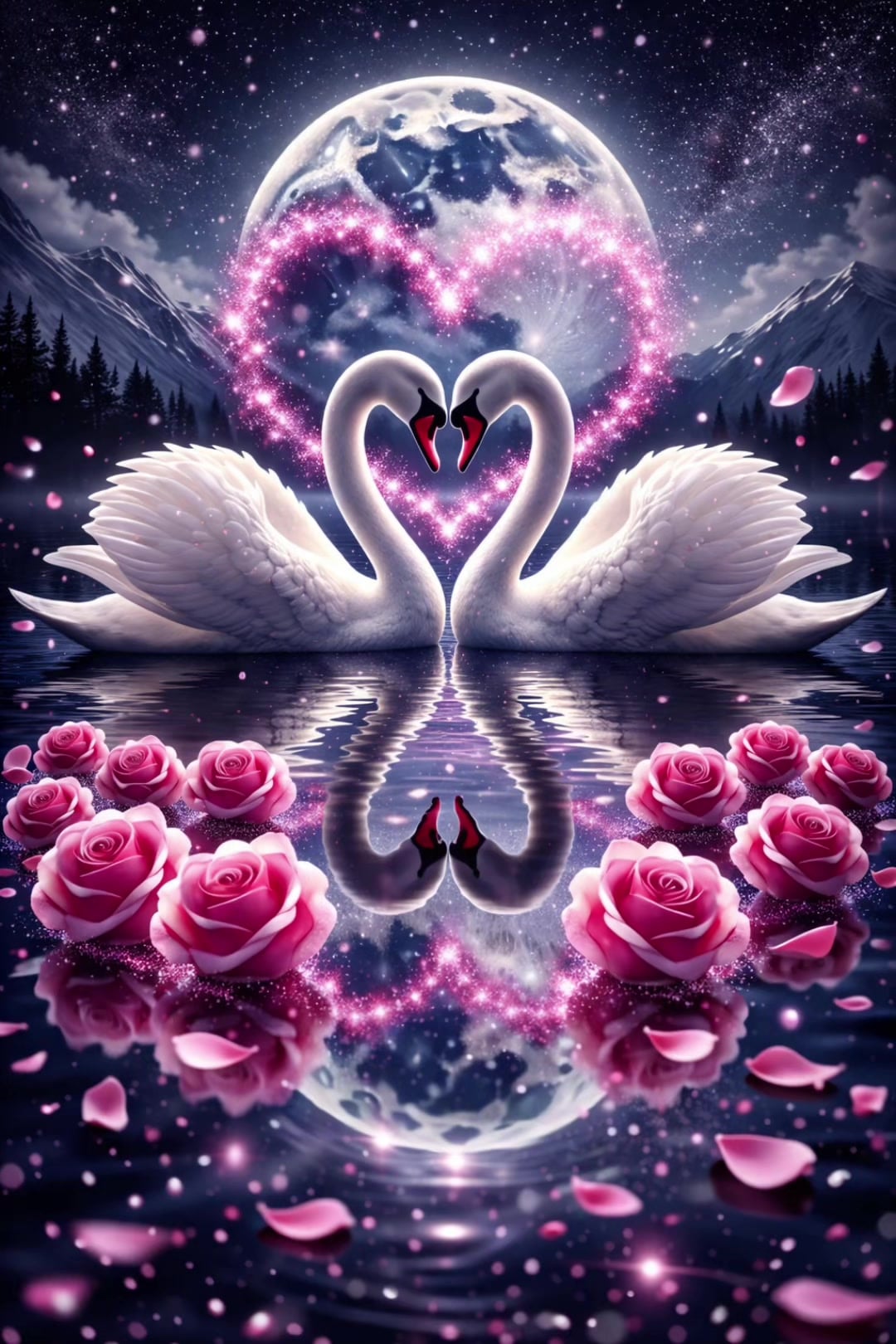 GPT Image 2 Romantic Wallpaper: Swan Heart Moonlight Rose Poster