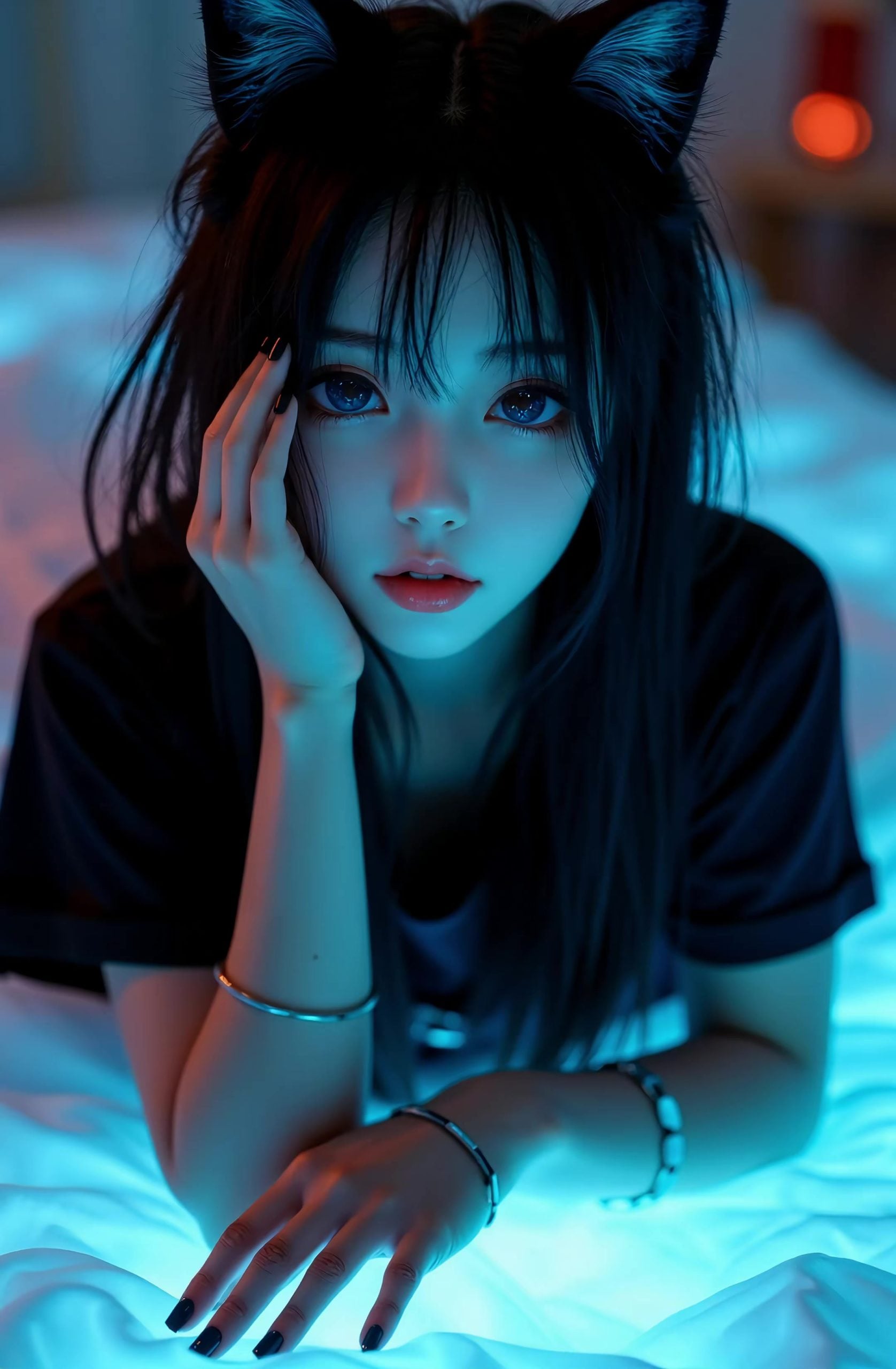 GPT Image 2 Cat-Ear Girl Wallpaper: Neon-Blue AI Portrait wallpaper