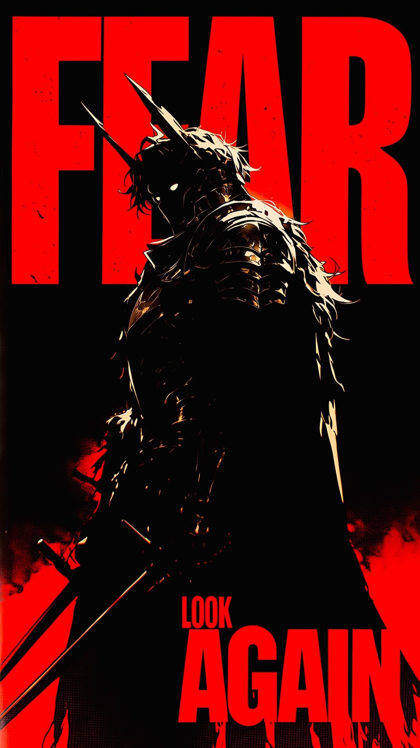 GPT Image 2 Dark Warrior Wallpaper: FEAR Red-Black Poster Design
